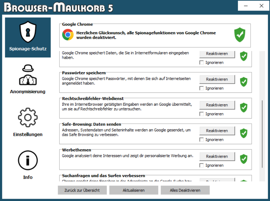 Der Spionage-Schutz schaltet alle Spionage-Funktionen der Internet-Browser aus